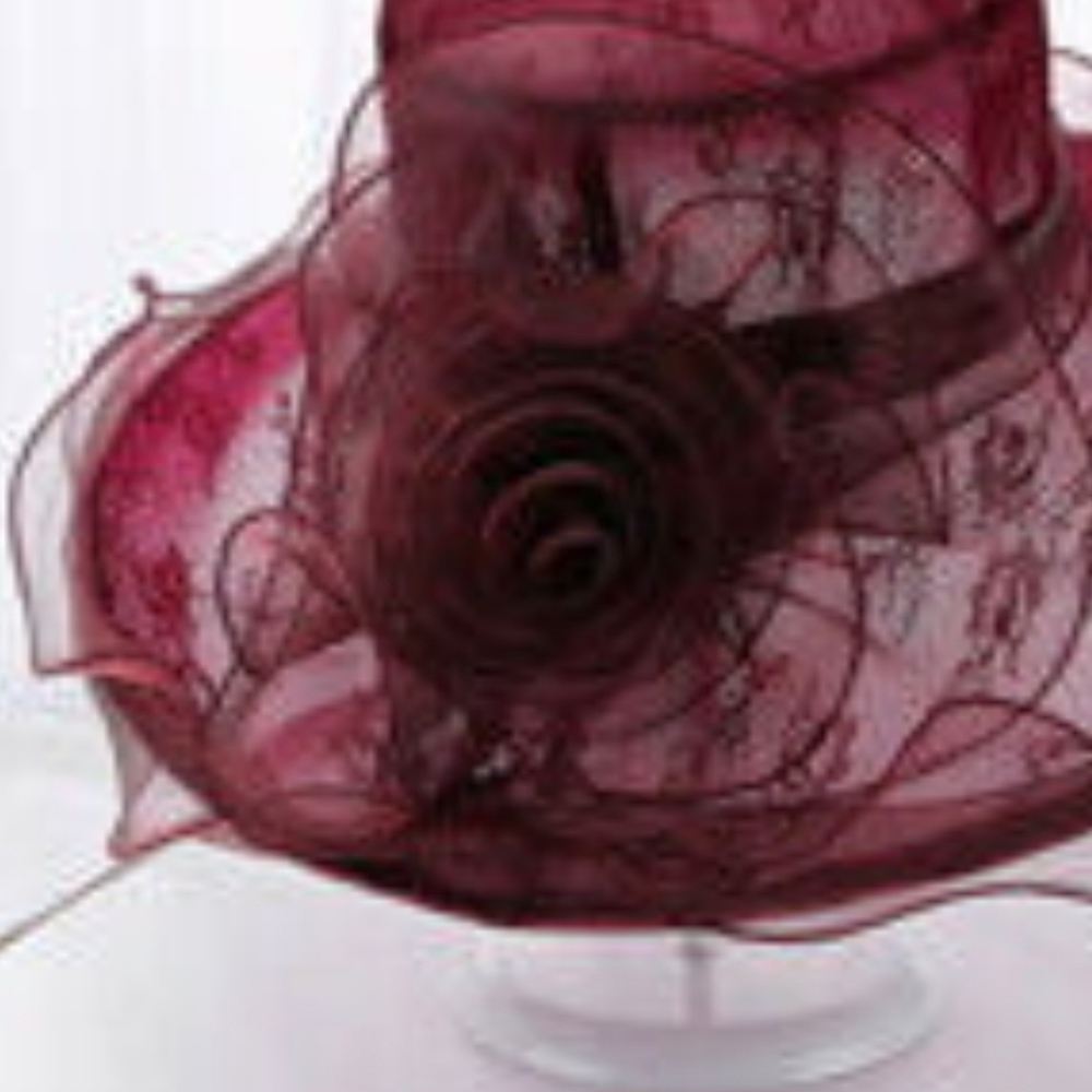 Gorgeous Embroidered Organza Adjustable Deep Red Wine Hat Bow Derby Church - Picture 2 of 2